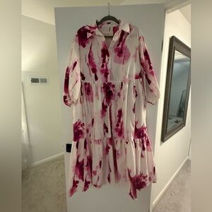 Anthropology Maeve Bettina Long Sleeve Pink and White Dress